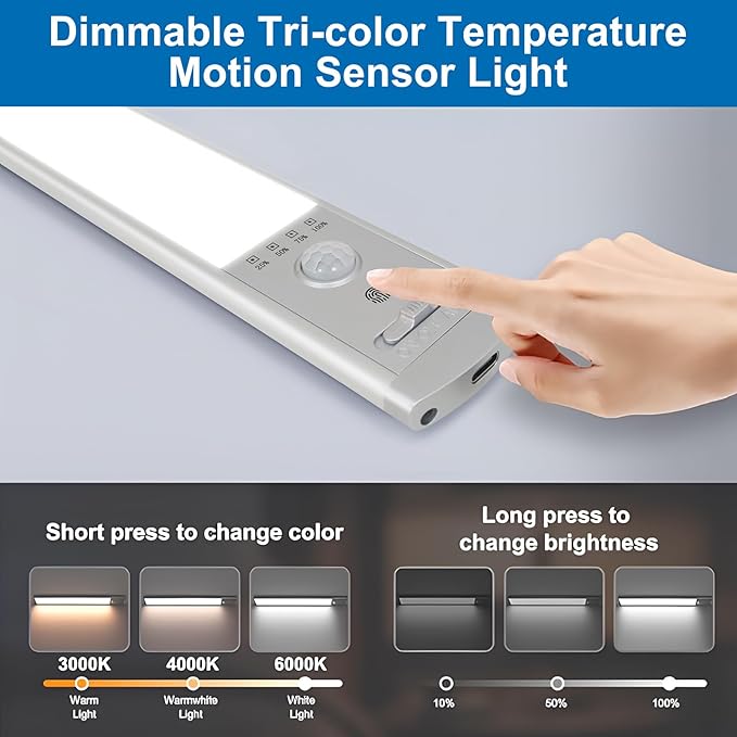 Under Cabinet Lighting, 4Pack Motion Sensor Light Indoor with 3 Color Temps, Rechargeable Under Counter Lights for Kitchen,Dimmable Closet Lights Battery Operated, 88 LED Motion Sensor Light Indoor
