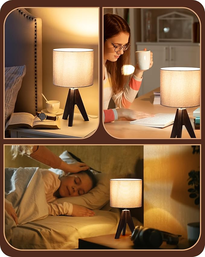 EDISHINE Boho Small Table Lamp, Walnut Color Wooden Tripod Bedside Lamp, Farmhouse Nightstand Lamp for Nursery, Bedroom, Office, Kid Room, Living Room, Grey Linen Lampshade, E26 Socket, 14.2 Inch