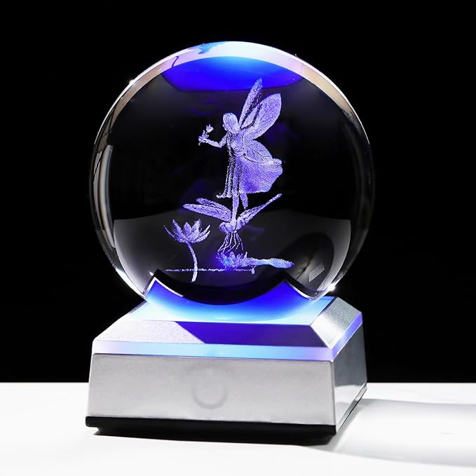 3.15"/8CM Crystal Ball 3D Engraved Fairy with Dragonfly Gifts for Girlfriend Girls Glass Sphere with LED Colorful Base Ideas on Birthday Christmas for Her Home Decor Figurine