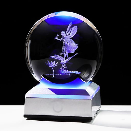 3.15"/8CM Crystal Ball 3D Engraved Fairy with Dragonfly Gifts for Girlfriend Girls Glass Sphere with LED Colorful Base Ideas on Birthday Christmas for Her Home Decor Figurine