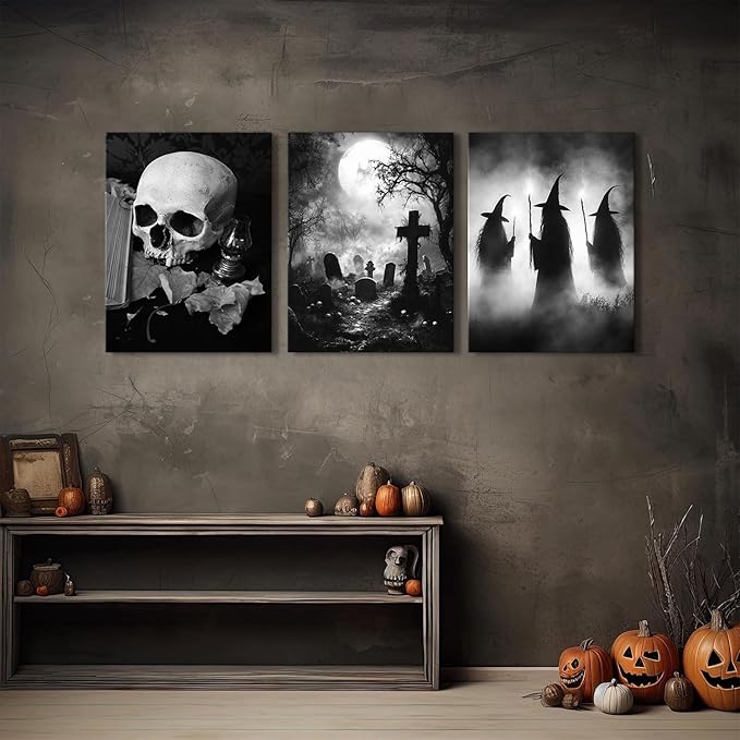 Halloween Wall Art Skull Wall Decor Creepy Witches Tomb Pictures Canvas Prints for Bedroom Living Room Decorations Vintage Gothic Wall Decor Dark Academia Paintings Spooky Posters Artwork 12x16” 3Pcs