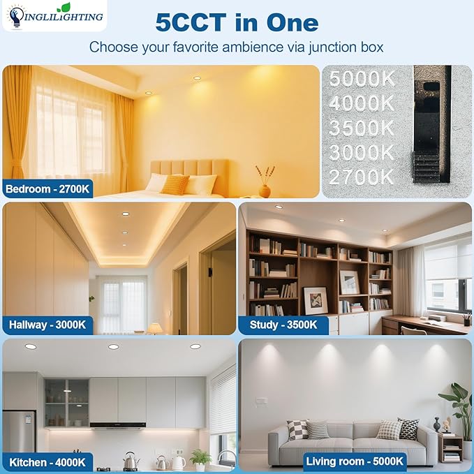 DLLT LED Recessed Ceiling Lights: Black 12 Pack 6 Inch 5CCT Ultra-Thin Lighting with Junction Box for Bedroom - 1200LM Brightness 12W Eqv 110W Dimmable Canless Wafer Downlight with ETL&FCC