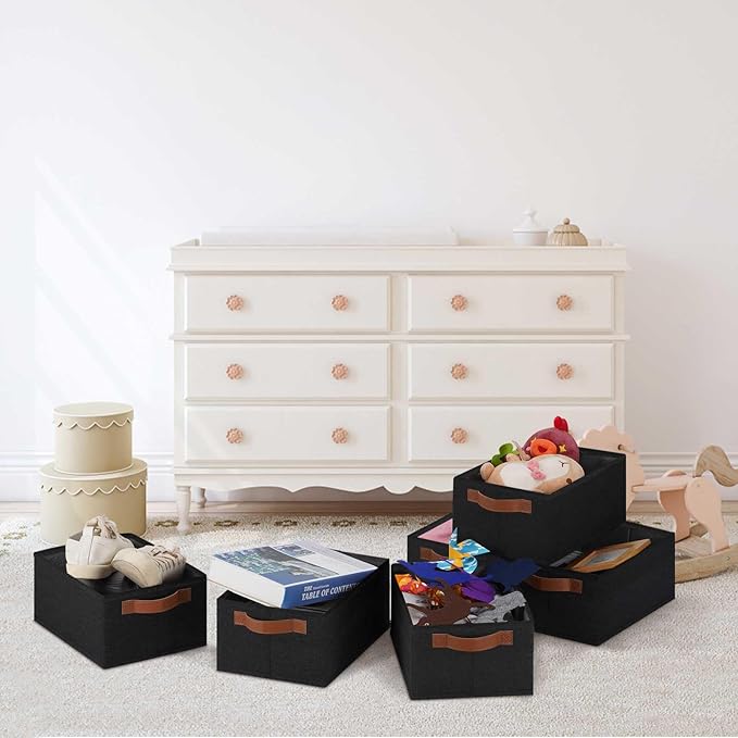 GhvyenntteS Small Fabric Storage Bins 12 Pack, 11.8" x 7.87" x 5.11" Storage Basket with Leather Handles, Closet Storage Bins for Shelves, Storage Baskets for Shelves, DVD Storage (Black)