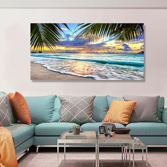 Beach Pictures Canvas Wall Art for Living room Bedroom Wall Decor,Sunset and Beautiful clouds Wall Art Print Paitnings for home Decor,Morden Artwork Waves Canvas Art Waterproof Stretched Ready to