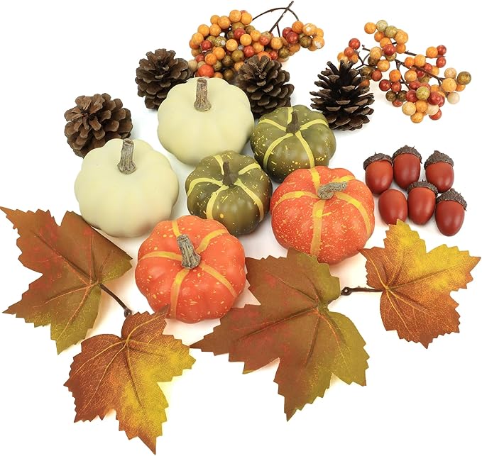 20 Pcs Realistic Fall Mini Pumpkin Decorations, Pumpkin Decor with Maple Leaves, Pine Cones, Acorns,Thanksgiving Decorations Indoor for Home Farmhouse Harvest Thanksgiving Table Decor