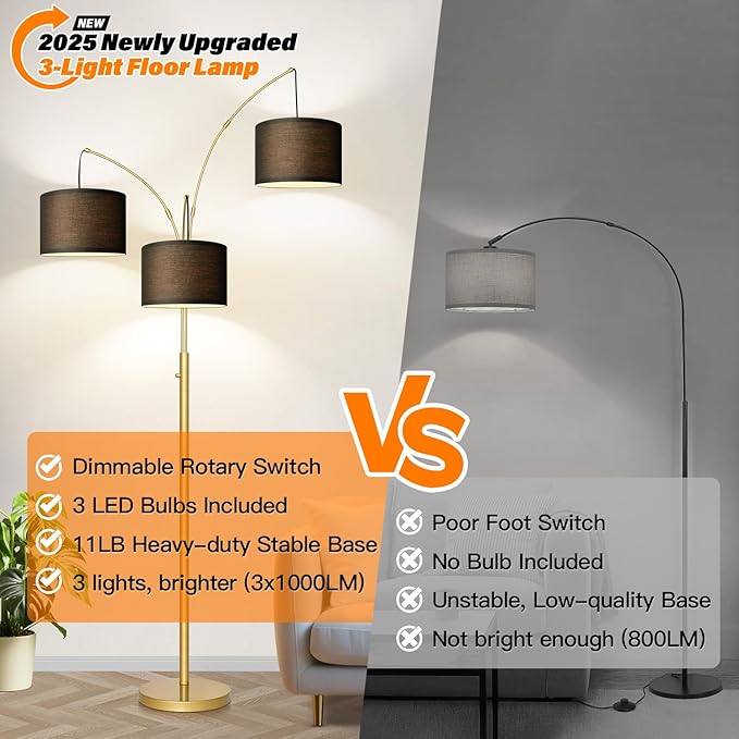 Dimmable Floor Lamp - 3 Lights Gold Arc Floor Lamps for Living Room, 1000LM Modern Tall Standing Lamp With Black Shades&Heavy Base, Mid Century Tree Floor Lamp for Bedroom Office, 3 LED Bulbs Included