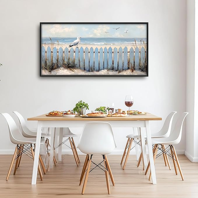 Flintis Large Ocean Beach Framed Wall Art Beach Seagull Pictures Wall Decor Abstract Natural Landscape Canvas Painting Print Artworks Framed for Living Room Bathroom Master Bedroom 60L X 30W