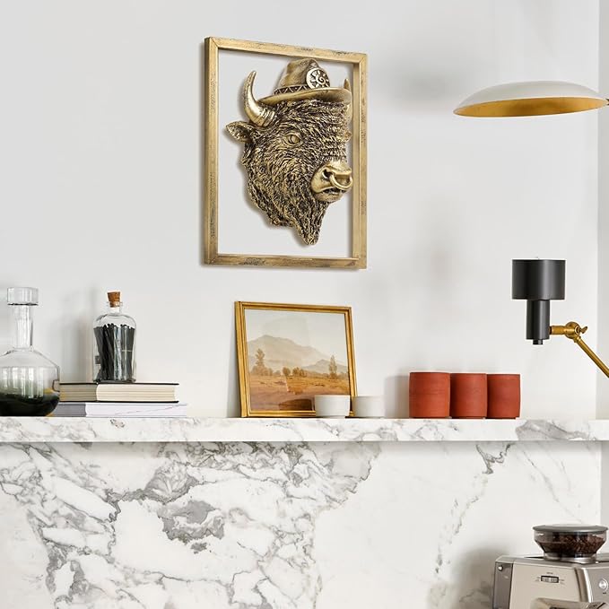 Animal Heads Wall Decor (Includes Metal Frame) Resin Animals Sculptures Head Wall Hanging Decoration Gold vintage Wall Sculpture for Living Room Bedroom Office (American Bison)