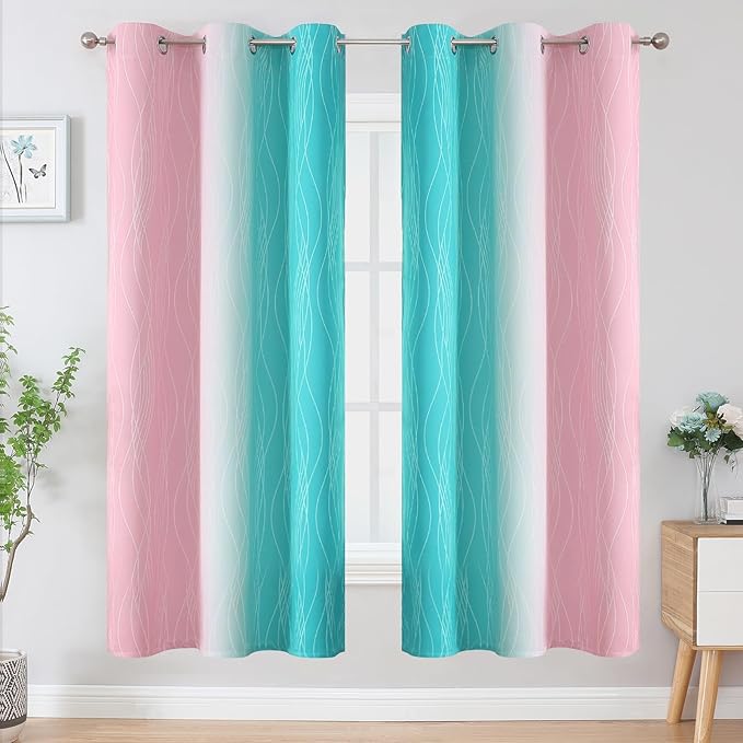 Estelar Textiler Teal and Pink Ombre Blackout Curtains for Bedroom, Full Room Darkening Grommet Curtains for Living Room, Thermal Insulated Light Blocking Gradient Drapes, 42Wx72L, 2 Panels