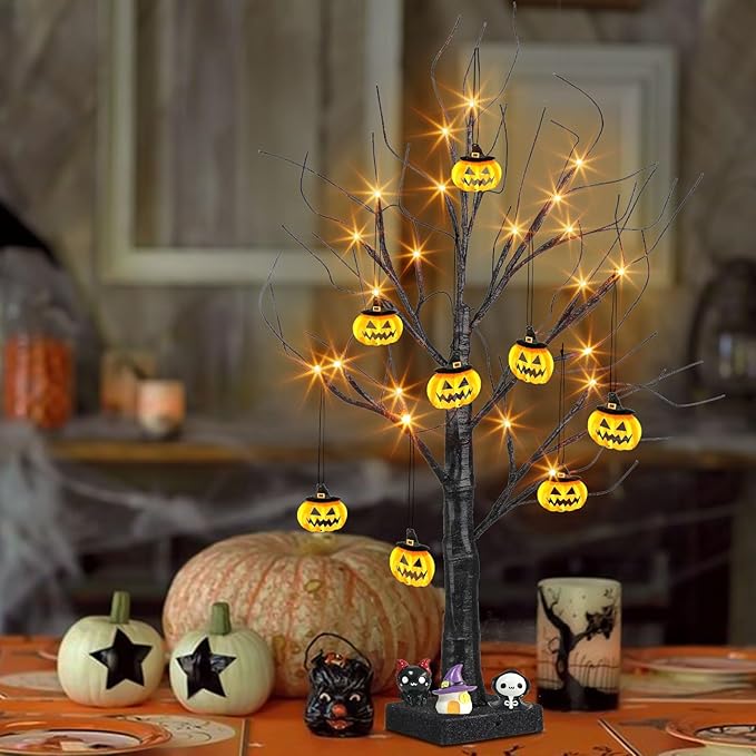 PEIDUO Halloween Indoor Decor, 2FT Halloween Tree with 24 Orange Lights and 8 Pumpkin Ornaments, Light up Halloween Decorations Black Tree with Timer for Indoor Home Desk Table Decor Battery Powered