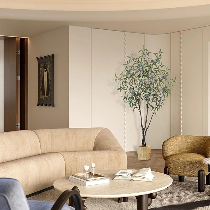 Artificial Eucalyptus Tree 7ft(84in) Faux Floor Potted Tree for Indoor Decor Large Realistic Trees Plants with Silk Leaves and Natural Wood Trunk for Home Living Room,Office Foyer Decor.