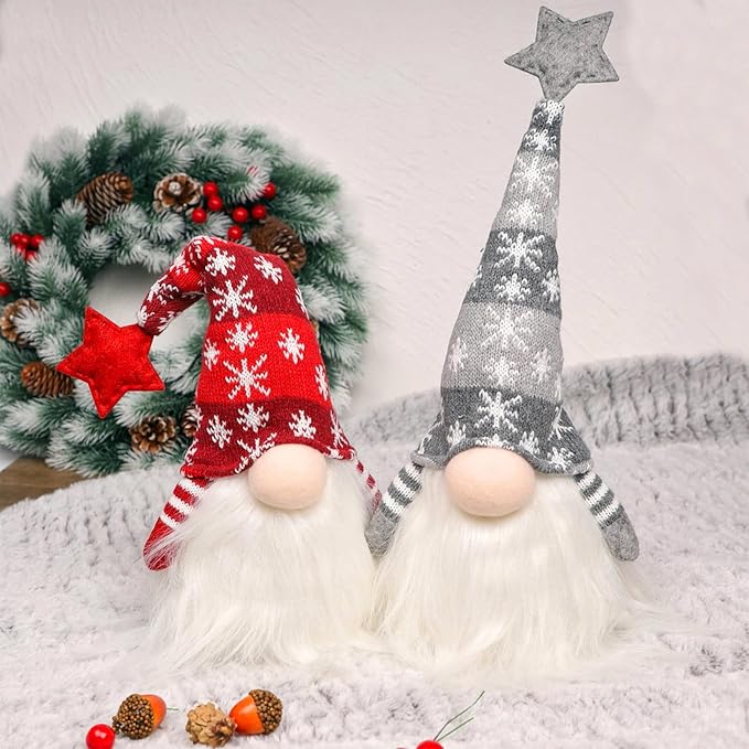 Juegoal 15" Lighted Christmas Gnome, Handmade Plush Scandinavian Swedish Tomte, Light Up Elf Toy Holiday Present, Battery Operated Winter Tabletop Christmas Decorations, 2 Set