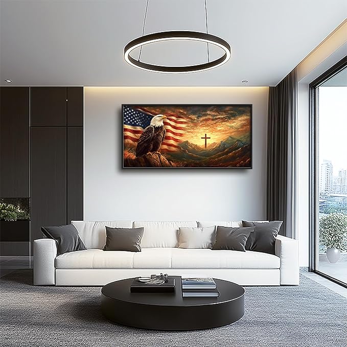 Framed Large Wall Art for Living Room, Bald Eagle American Flag Canvas Wall Decor, Large Christian Cross Picture Framed Painting, Modern Artwork for Bedroom Office 60L'' × 30W''