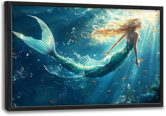 Framed Large Wall Art for Living Room, Beach Mermaid Canvas Wall Decor, Large Ocean Picture Framed Painting, Modern Artwork for Bedroom Office 36L'' × 24W''