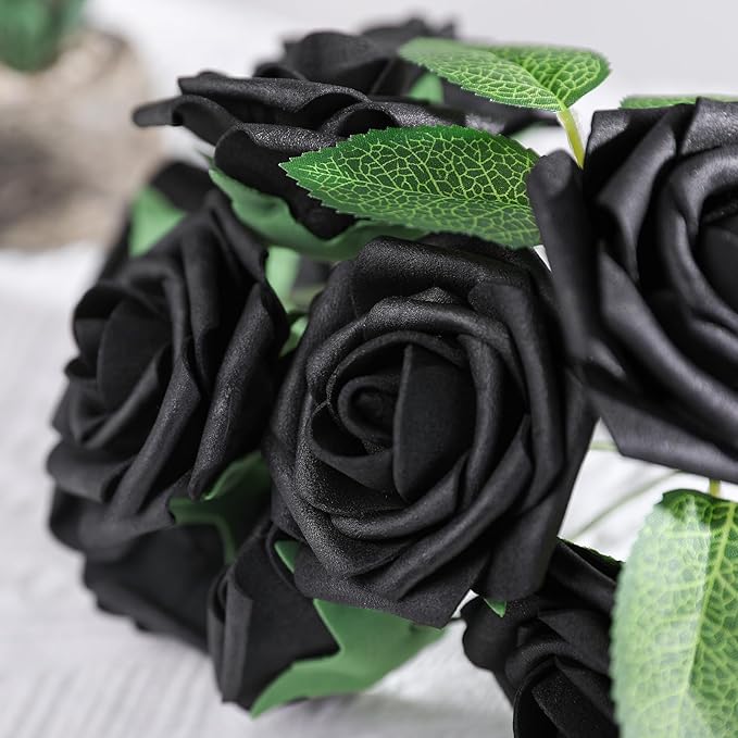 AmyHomie Artificial Flowers Black Rose 25pcs Real Looking Fake Roses w/Stem for DIY Wedding Bouquets Centerpieces Arrangements Party Baby Shower Home Decorations