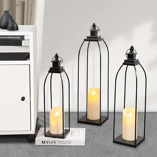 3 Pcs Black Metal Decorative Candle Lantern Set, 16'' 19'' 22'' Modern Lantern with 3 Flameless Candles for Indoor & Outdoor, Decorative Large Lanterns for Porch, Patio, Fireplace & Home Decor