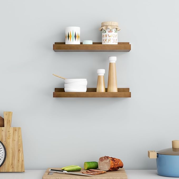 16 Inches Floating Shelves for Wall, Solid Pine Wood Picture Ledge Shelves, Walnut Wall Shelves with Lips, Nursery Book Shelves for Toys Storage Living Room Bedroom Photo Frames (2 Pcs, Walnut)