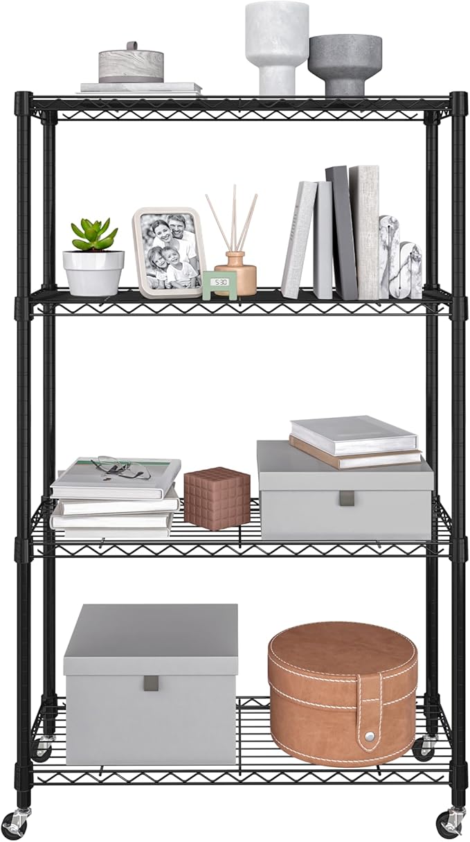 Seville Classics Solid Steel Wire Shelving Storage Unit Adjustable Shelves Organizer Rack, for Home, Kitchen, Office, Garage, Bedroom, Closet, Black, 4-Tier, 36" W x 14" D