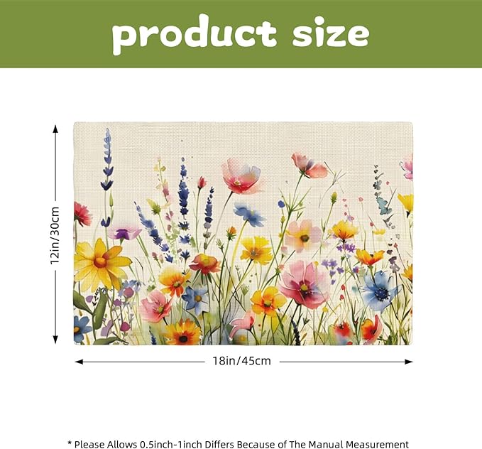 Daisy Lavender Floral Spring Garden Placemat Set of 4,12x18 Inch Garden Plants Linen Washable Fabric Table Mats for Holiday Decoration Kitchen Dining Table Place Mats