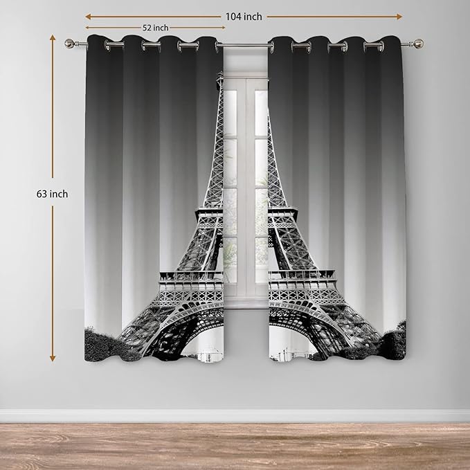 Jekeno Paris Eiffel Tower Blackout Curtains Paris Landmark Picture of Famous Place Cityscape Scene Decor for Bedroom Living Room Grommet Window Drapes 2 Panel Set, 52"x63"