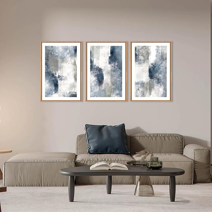 HOURIA Abstract Navy Blue Gray Framed Canvas Wall Art Set,Neutral White Brush Stroke Wall Decor,Minimalist Color Block Shapes Artwork,Modern Pastel Prints for Living Room,Bedroom,Farmhouse- 24"x36"x3