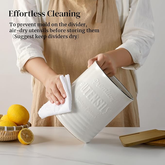 DOWAN Kitchen Utensil Holder, 7.2″ Extra-Large Ceramic Stable Utensil Caddy, Rustic Cooking Utensil Crock for Farmhouse Kitchen Décor, Utensil Holder for Countertop (White with devider, 7.2 Inch)