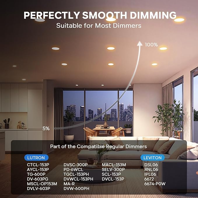 LVWIT 12 Pack Recessed Lighting 6 Inch with Junction Box, Ultra-Thin Dimmable 1200LM 2700K-5000K Wafer Downlight, Canless Smooth Trim LED Ceiling Light with ETL,FCC&IC