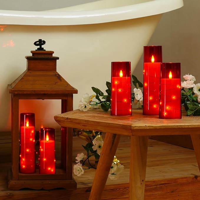 Raycare Flameless Candles with Embedded Star String, 5 Pcs Battery Operated Acrylic Pillar Candles with Timer and Remote, LED Candles for Romantic Ambiance and Home Decoration(Red)