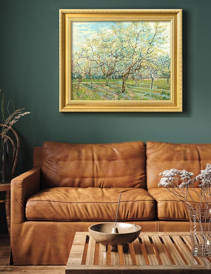 DECORARTS - The White Orchard by Vincent Van Gogh. Giclee Print on Acid-Free Canvas in Gold Solid Wood Frame. Picture Size: 20x16, Total Size: 24.75x20.75, Made in USA