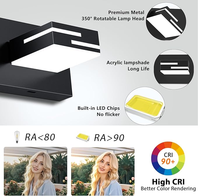 LED Modern Bathroom Vanity Light Fixtures, 3-Light 22-inch Dimmable Matte Black Vanity Lights for Bathroom Lighting Fixtures Over Mirror, with 350° Rotatable Acrylic Heads (Cool White 6000K)