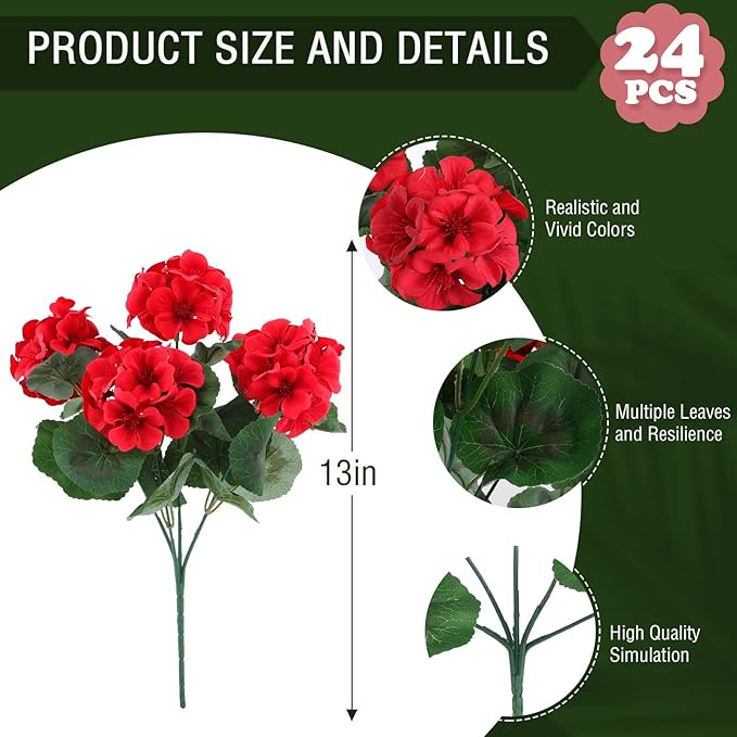 Hananona 24 Pcs Artificial Geranium Flowers for Outdoors Geranium Silk Flowers Outdoor UV Resistant Garden Plants Faux Flowers for Home Kitchen Table Centerpieces Decor (24, Red)