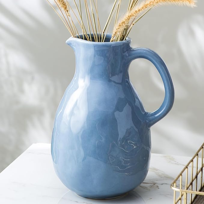 Kimdio Blue Ceramic Vase with Handle, Modern Pitcher Vase for Home Decor, Nordic Pottery Vase, Decorative Flower Vase, Clay Vase, Centerpieces for Living Room
