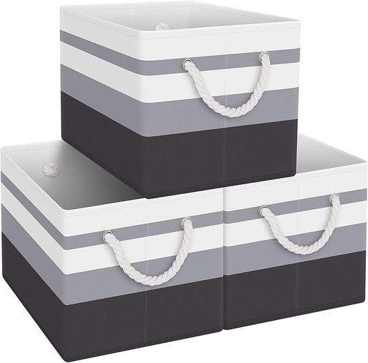 Fab totes Storage Bins [3-Pack], Foldable Storage Baskets for Organizing Toys, Books, Shelves, Closet, Large Storage Box with Rope Handles, Sturdy Organizer Bins,Gradient Grey
