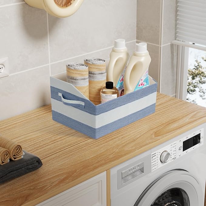 Linen Closet Organizers and Storage, Trapezoid Fabric Bins, Home Office Organization Baskets Striped Collapsible Box with Handles for Clothes, Blanket, Books, DVD, 4 Pack, Blue/White