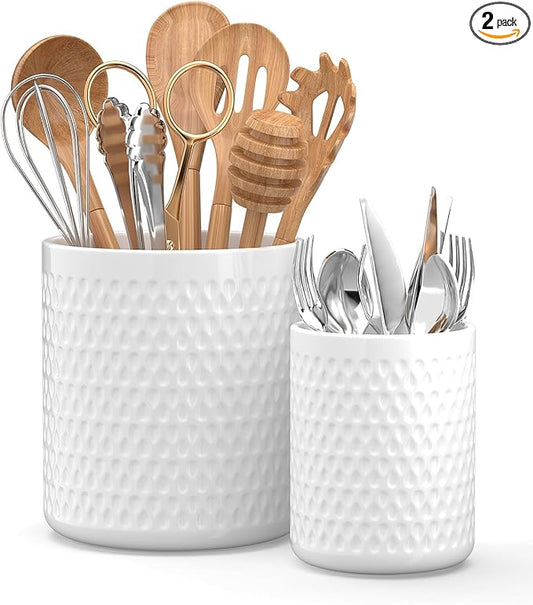 2 Pack Ceramic Utensil Caddy, Large Spatula Holder, Farmhouse Kitchen Decor for Silverware Spoon Crocks