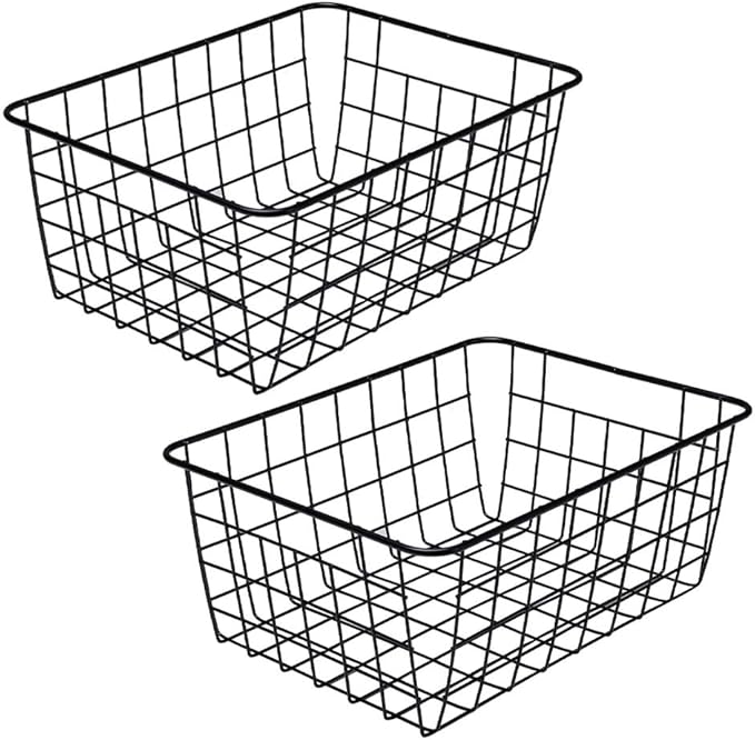 LeleCAT Wire Baskets with Handles Wire Storage Organizer Bin Baskets, Pantry, Closets, Bedrooms - Set of 2（Black）