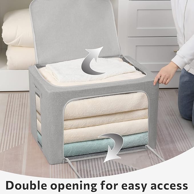 2 Pack Clothes Storage Bins Stackable Metal Frame Storage Box Large Capacity Foldable Linen Fabric Box Organizer with Carrying Handles and Clear Window(Light Gray, 23.6X 16.5X 15.7 Inch)