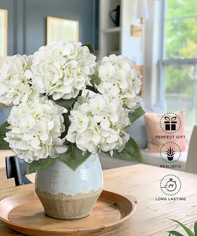 White Hydrangea Artificial Flowers Large Artificial Hydrangeas Silk Flower for Home Decor Indoor Wedding Flower Bouquets Faux Flowers Kitchen Centerpiece Table Decorations