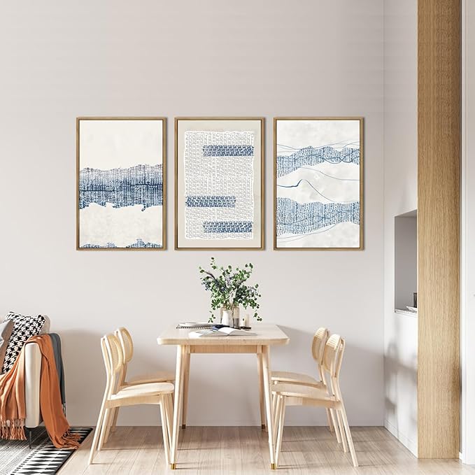 IARTTOP Large Blue Abstract Framed Canvas Wall Art 16x24 Inch Neutral Modern Art Prints Minimalist boho Artworks for Living Room Bedroom Office Set of 3