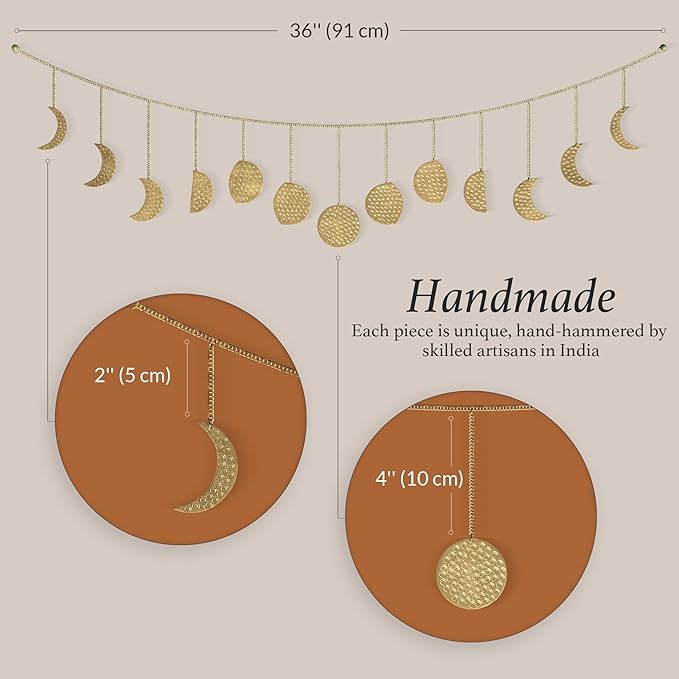 BASE ROOTS Moon Phase, Gold Wall Decor for Bedroom & Living Room, Bohemian Wall Decor, Handmade Hammered Metal 36" 13 Phases Moon, Celestial Wall Art, Gift for Women & Kids