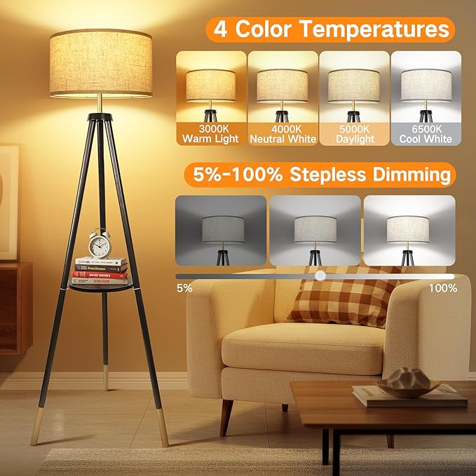 OUTON Wood Tripod Floor Lamp with Shelves, Mid Century Floor Lamp with Remote Control, 4 Color Temperature, LED Modern Dimmable Standing Lamp for Living Room, Bedroom, Office, Black & Gold