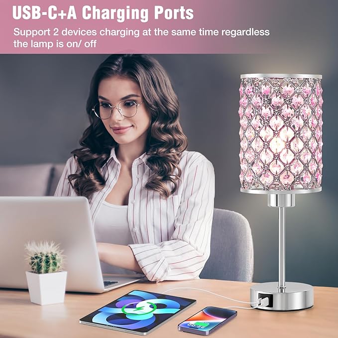 Crystal Table Lamp, Pink Touch Lamp with USB C+A Ports, 3 Way Dimmable Lamp with Crystal Shade, Bedside Lamp Small Lamp for Girl Bedroom, Living Room(Buld Included)