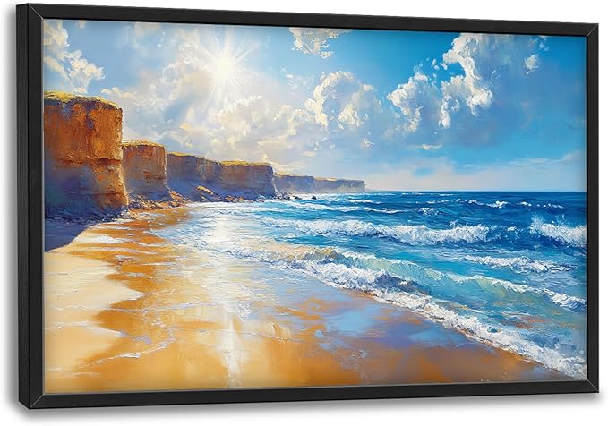 Coastal Beach Large Wall Art for Living Room, Ocean Sun Oversized Wall Decor Pictures, Seaside Framed Canvas Print Painting, Modern Artwork for Bedroom Office Home Decor 36"x24"