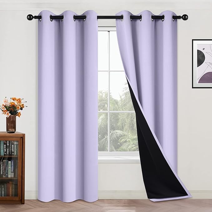 Yakamok 84 Inch Length 100% Blackout Curtains for Bedroom, 2 Thick Layers Thermal Insulated Grommet Total Blackout Drapes with Black Liner for Living Room (42Wx84L,Lilac, 2 Panels)