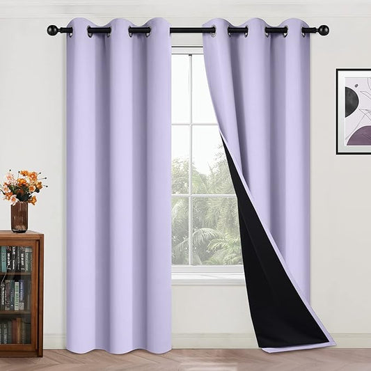 Yakamok 84 Inch Length 100% Blackout Curtains for Bedroom, 2 Thick Layers Thermal Insulated Grommet Total Blackout Drapes with Black Liner for Living Room (42Wx84L,Lilac, 2 Panels)