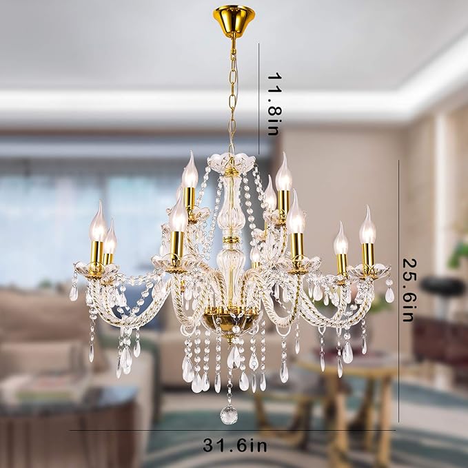 Panghuhu88 K9 Crystal Candle Chandeliers Lighting 12 Lights Pendant Ceiling Fixture Lamp for Dining Living Room Bedroom Hallway Entry Elegant Decoration (12 Bulbs)