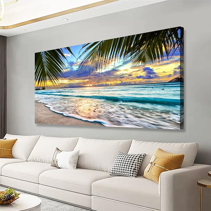Beach Pictures Canvas Wall Art for Living room Bedroom Wall Decor,Sunset and Beautiful clouds Wall Art Print Paitnings for home Decor,Morden Artwork Waves Canvas Art Waterproof Stretched Ready to