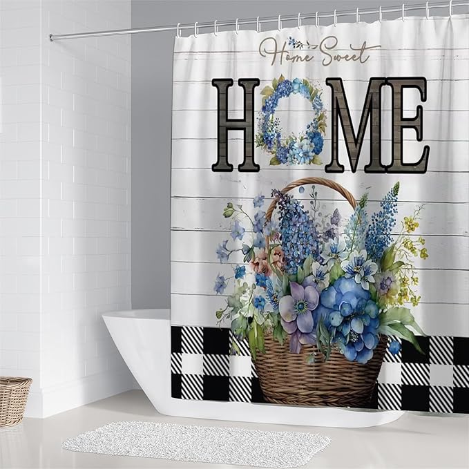 FZDHHY Blue Flower Shower Curtain Set Home Sweet Home Bathroom Sets Rustic Shower Curtain with Rugs,Bathroom Shower Curtain Set with Carpet Bath Mat Toilet Rugs