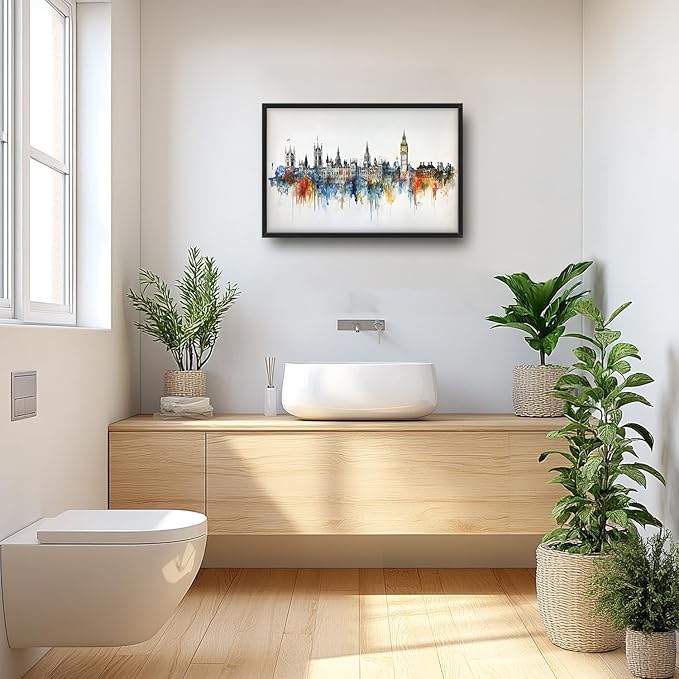 Flintis Large London Framed Wall Art Big Ben Pictures Wall Decor Abstract City Landscape Watercolor Canvas Painting Print Artworks Decor Framed for Living Room Bathroom Master Bedroom 36L X 24W