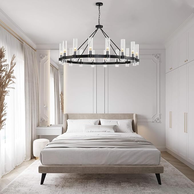 48 Inch Black Wagon Wheel Chandelier with Glass Shade, 16-Lights Black Farmhouse Chandeliers for High Ceilings, Large Round Industrial Pendant Lights for Dining Room Living Room Bedroom Foyer